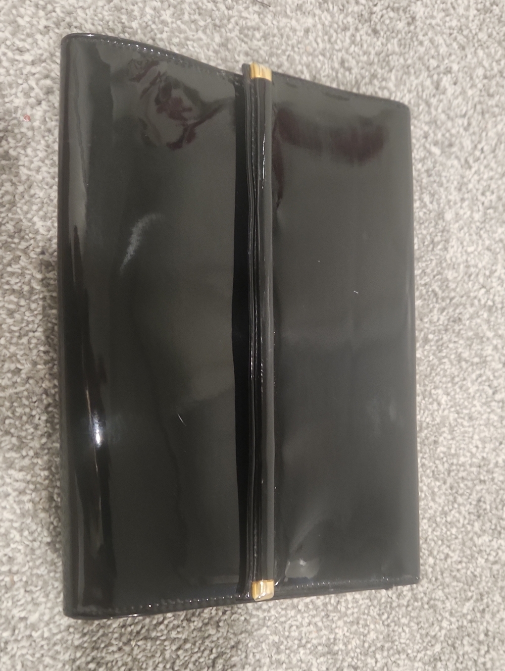 Vintage Black JR Patent Leather Clutch/ Strap Purse with Gold Accents